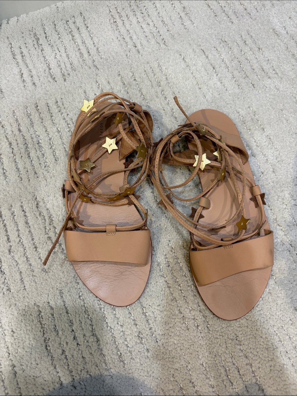 Loeffler Randall Tan Leather Lace-Up Sandals with Gold Star Charms
